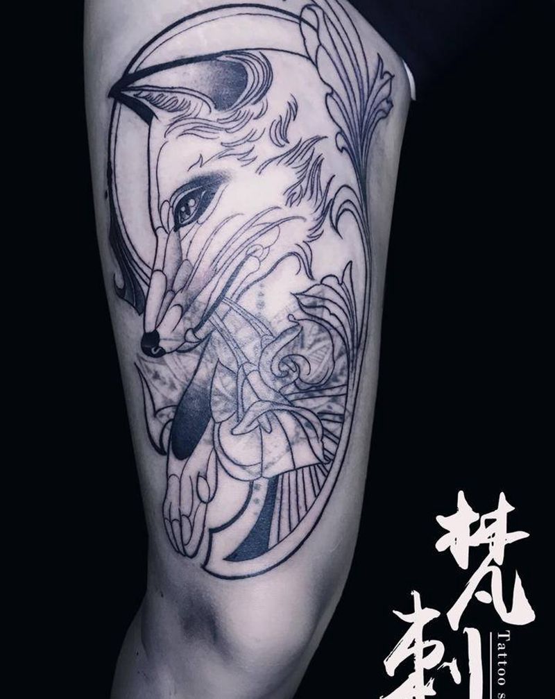 狐狸遮盖纹身图片_腿部纹身图案