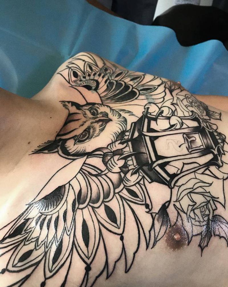 猫头鹰遮盖，进度纹身图片_胸部纹身图案