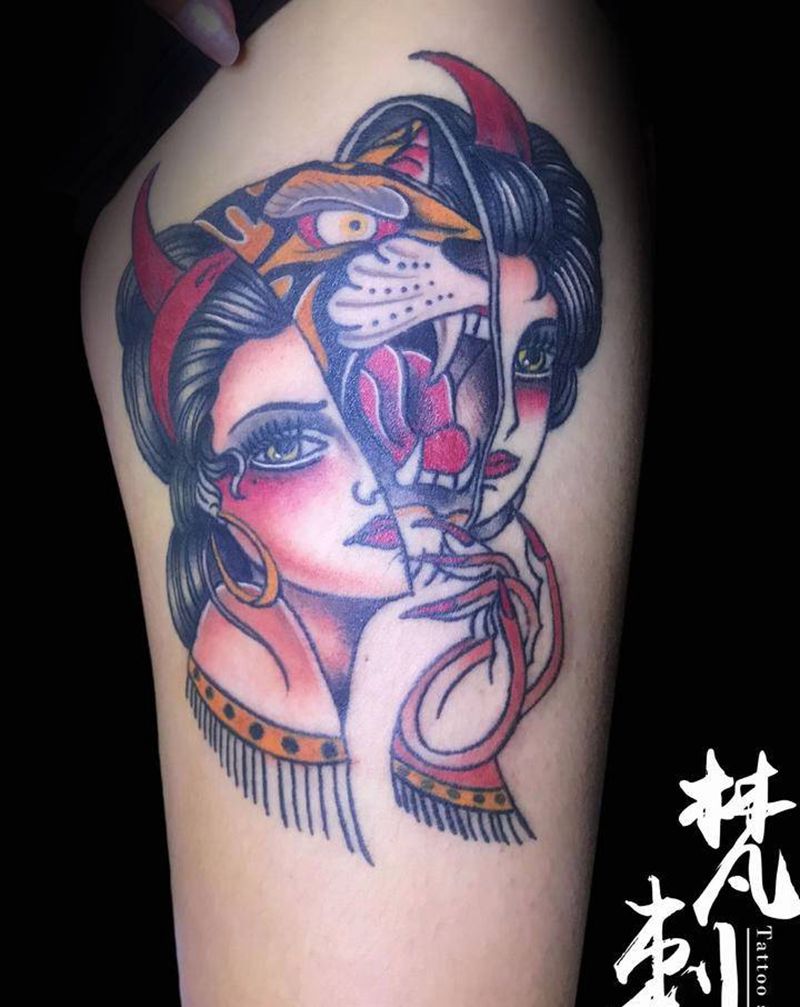 Old school女郎纹身图片_腿部纹身图案
