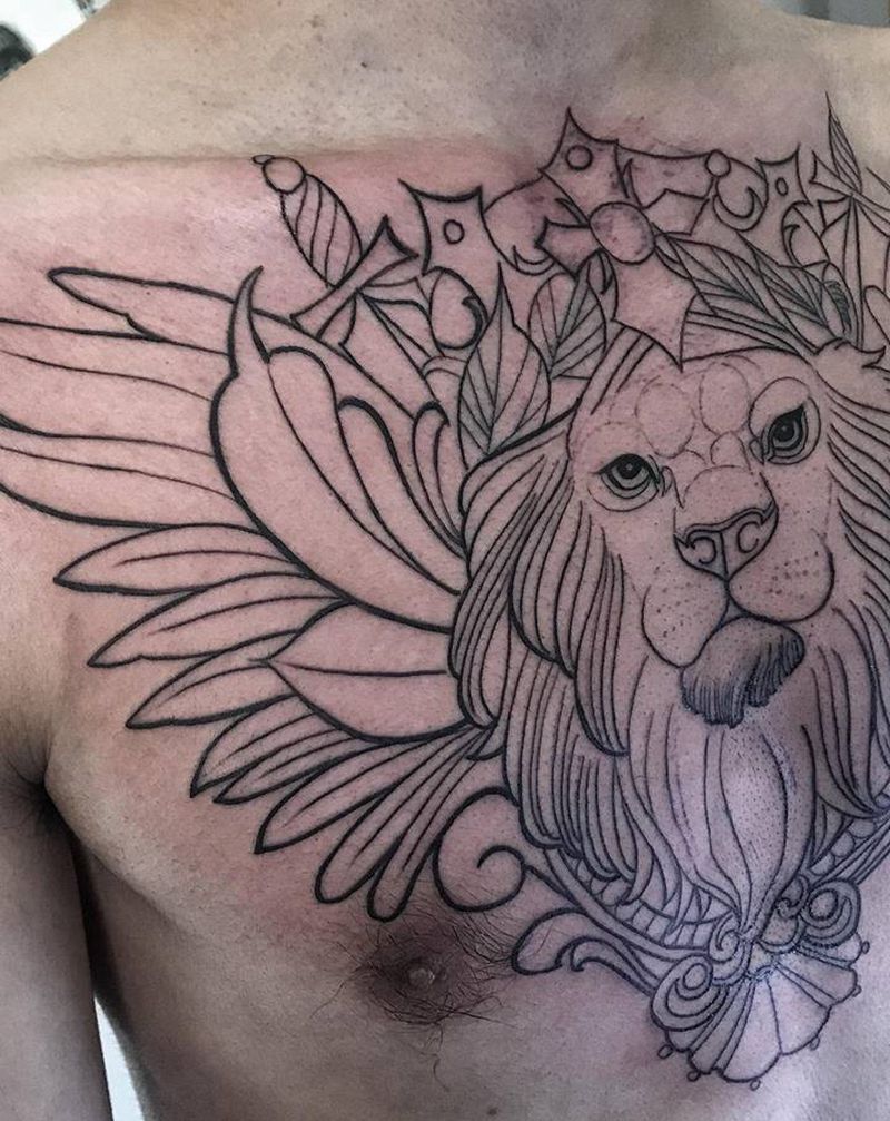 狮子花胸待续纹身图片_胸部纹身图案
