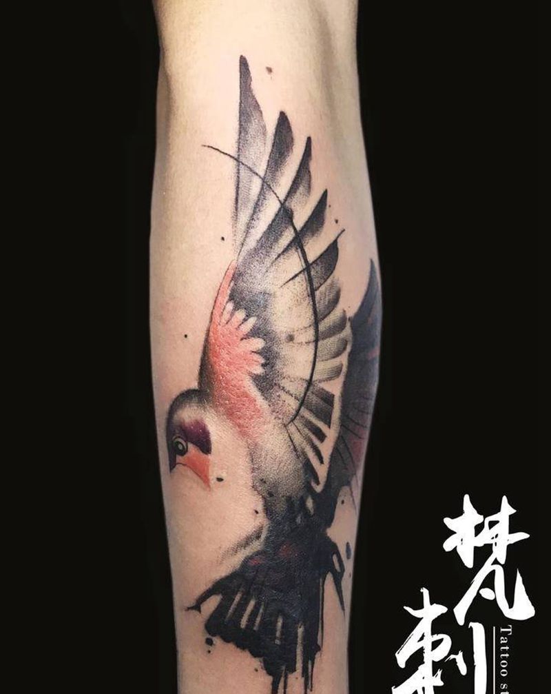 水墨鸟遮盖纹身图片_手臂纹身图案