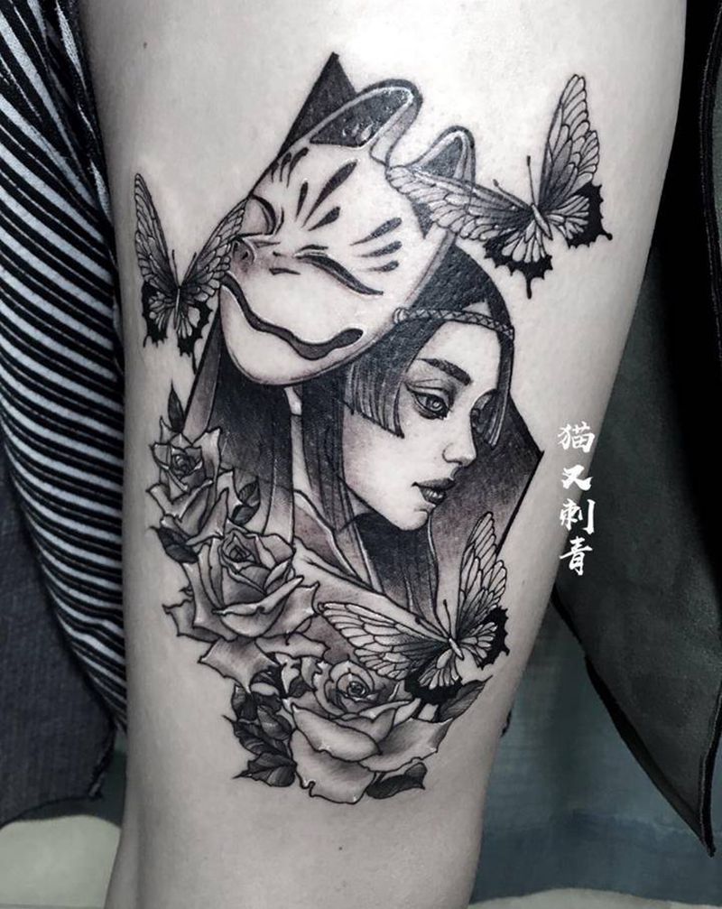 客带图修改设计稿纹身图片_腿部New School纹身图案