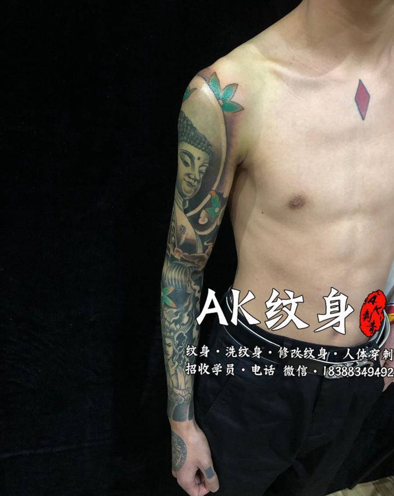 大佛花臂纹身图片_手臂老传统新传统纹身图案