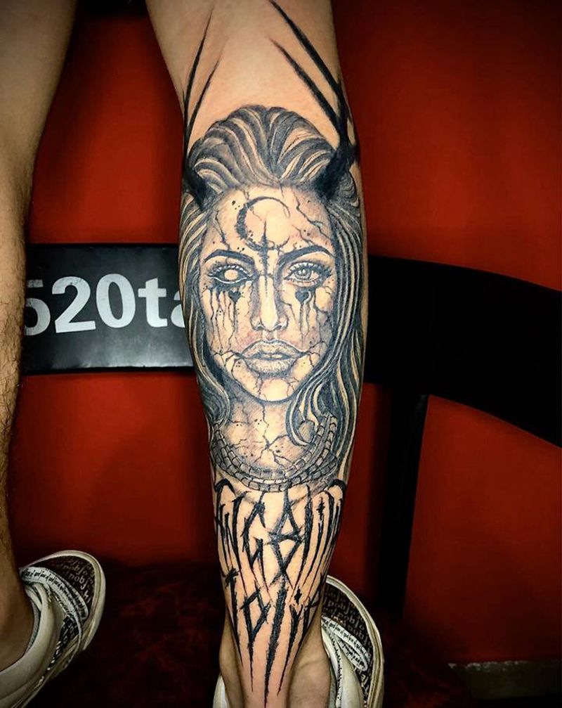 Jolie纹身图片_腿部欧美写实暗黑肖像纹身图案