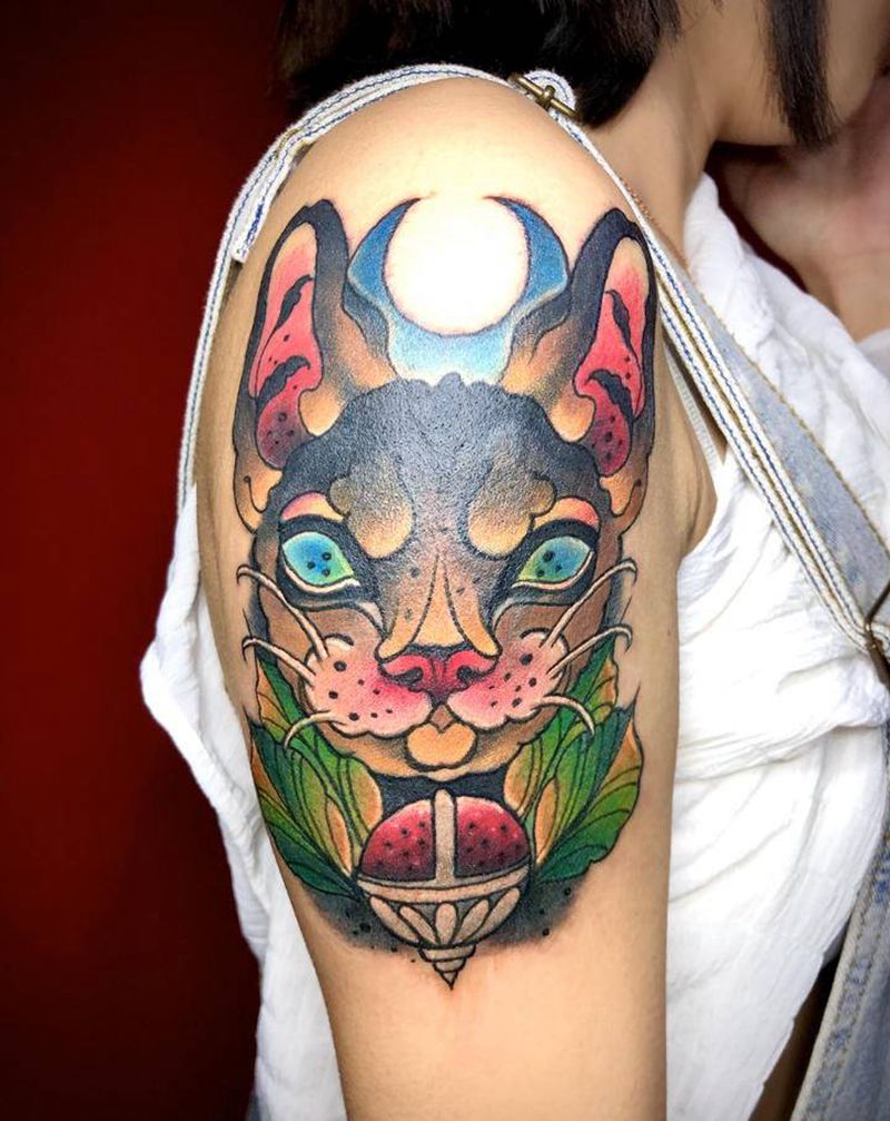 司芬克斯遮盖纹身图片_New School欧美写实遮盖纹身图案