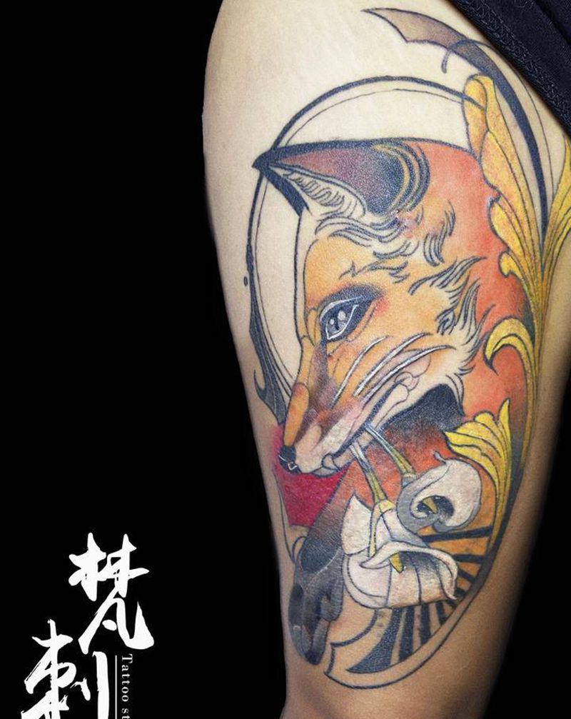 狐狸遮盖纹身图片_腿部纹身图案