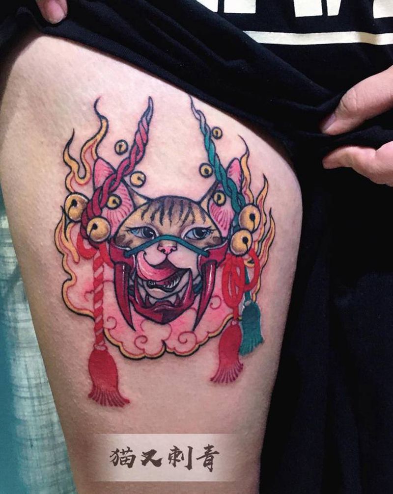 酷甜喵纹身图片_腿部纹身图案