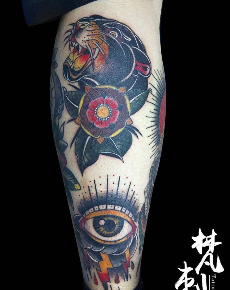 Old school花腿纹身图片_腿部纹身图案