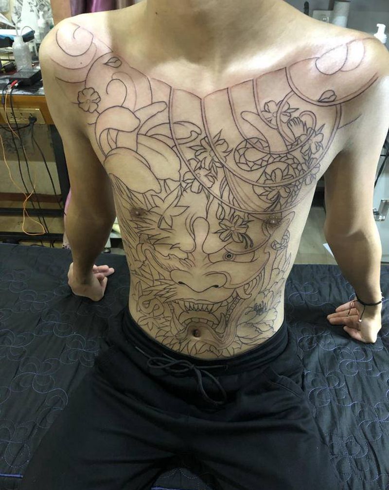 般若花肚纹身图片_胸部腹部老传统新传统纹身图案