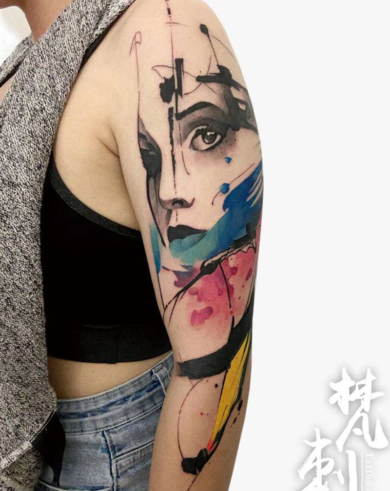 水彩花臂纹身图片_手臂纹身图案