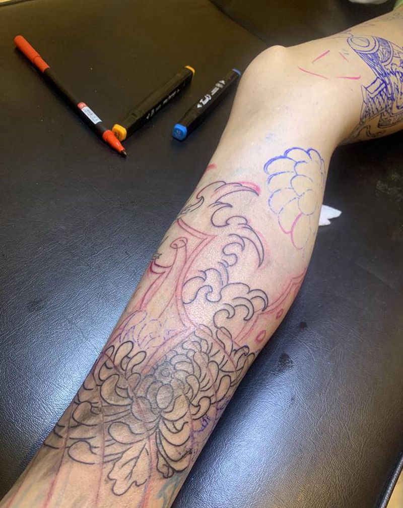 花腿纹身图片_腿部老传统纹身图案