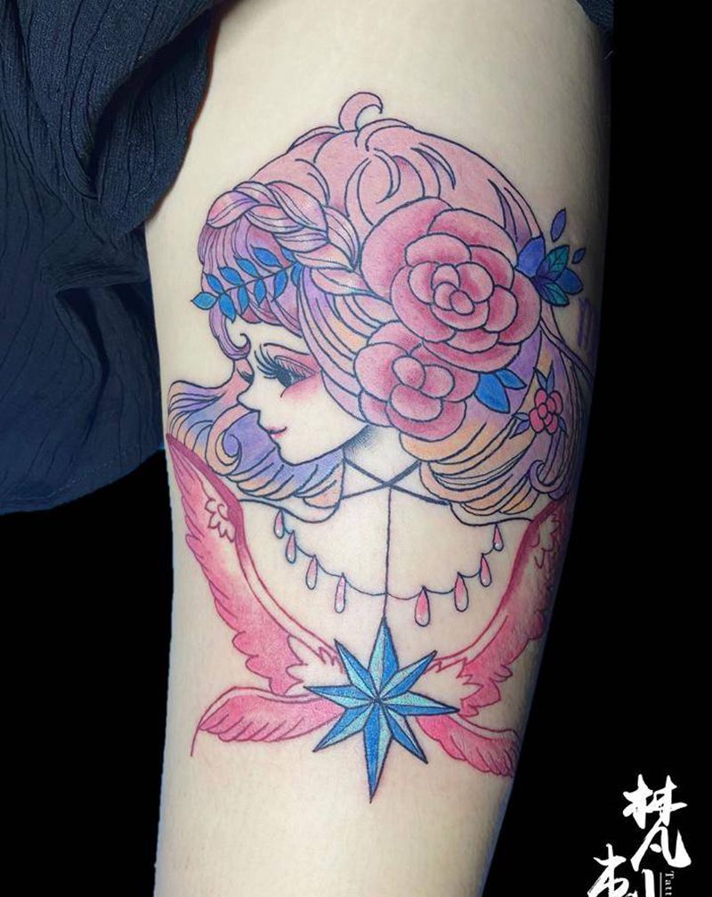 小粉粉纹身图片_腿部纹身图案