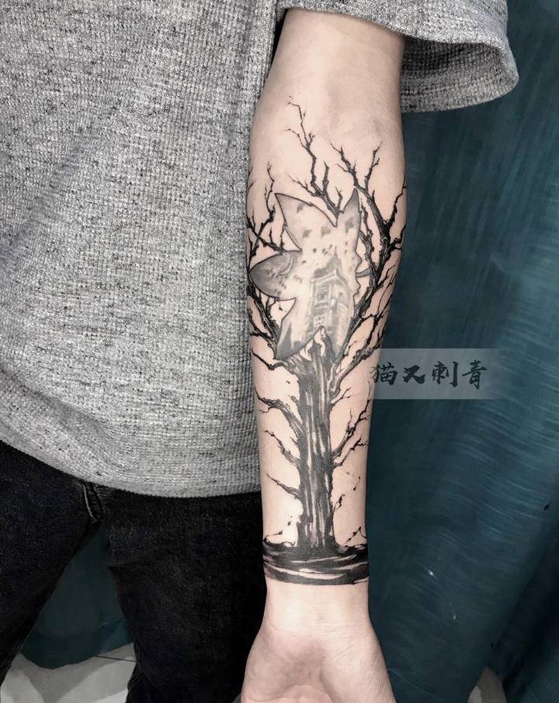 拼接纹身图片_手臂点刺水墨纹身图案