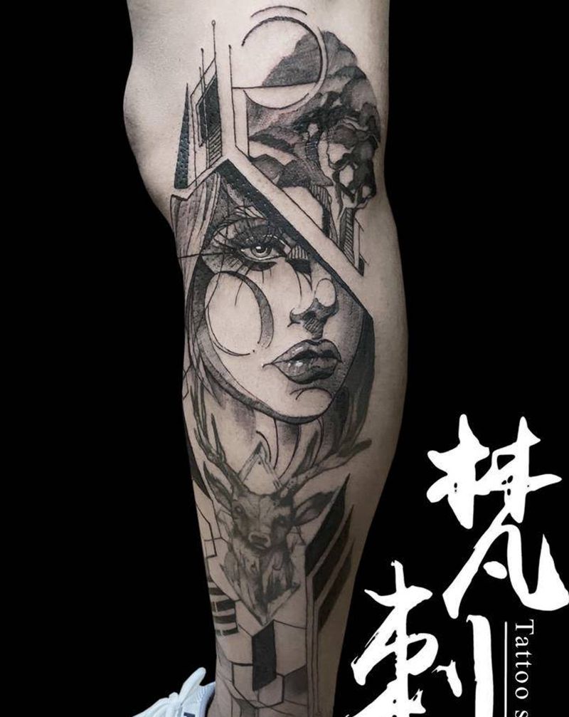 旧图衔接纹身图片_腿部纹身图案