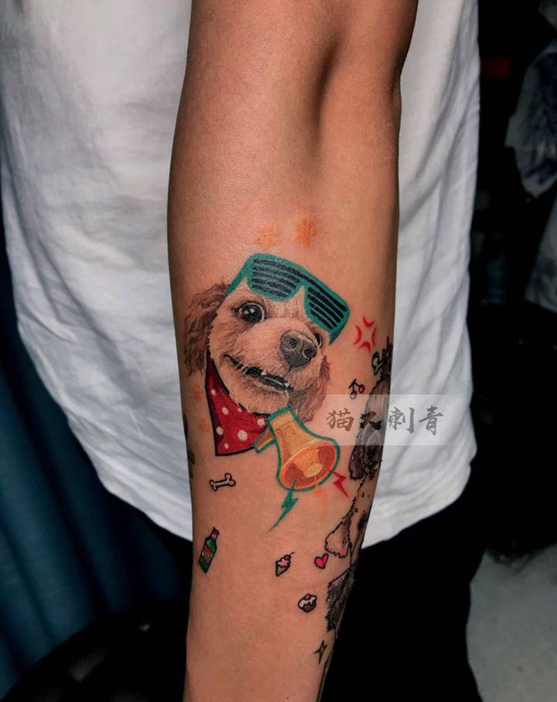 原创设计客人家的狗子纹身图片_手臂New School欧美写实纹身图案