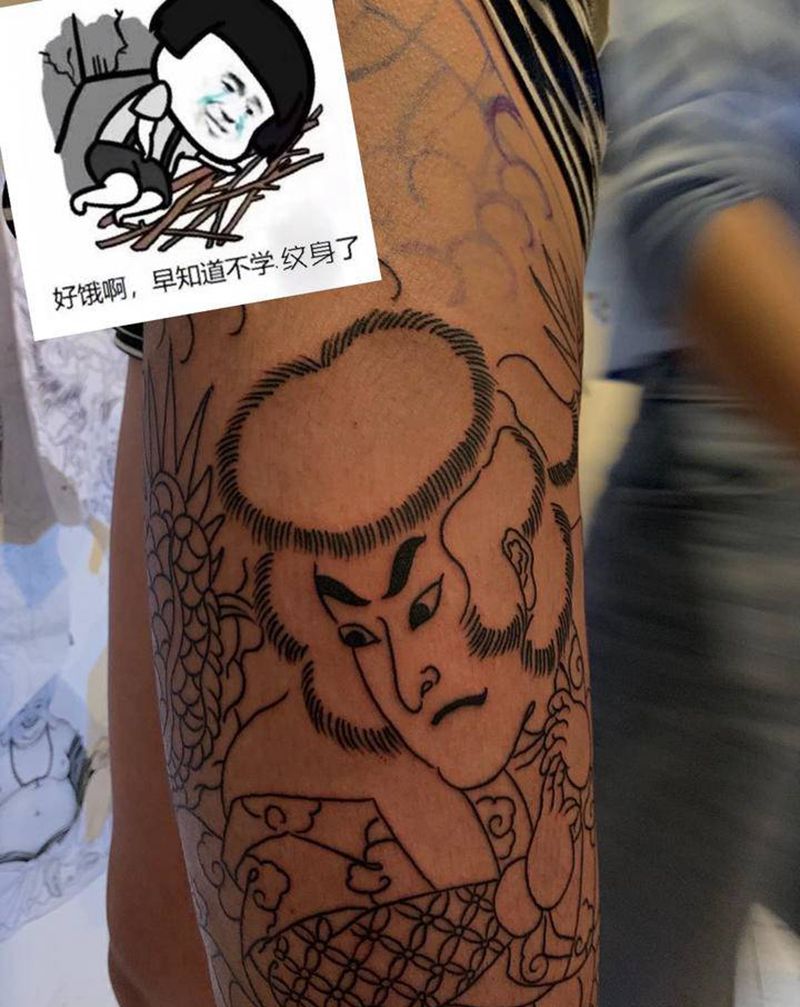 日式人物花腿纹身图片_腿部老传统纹身图案