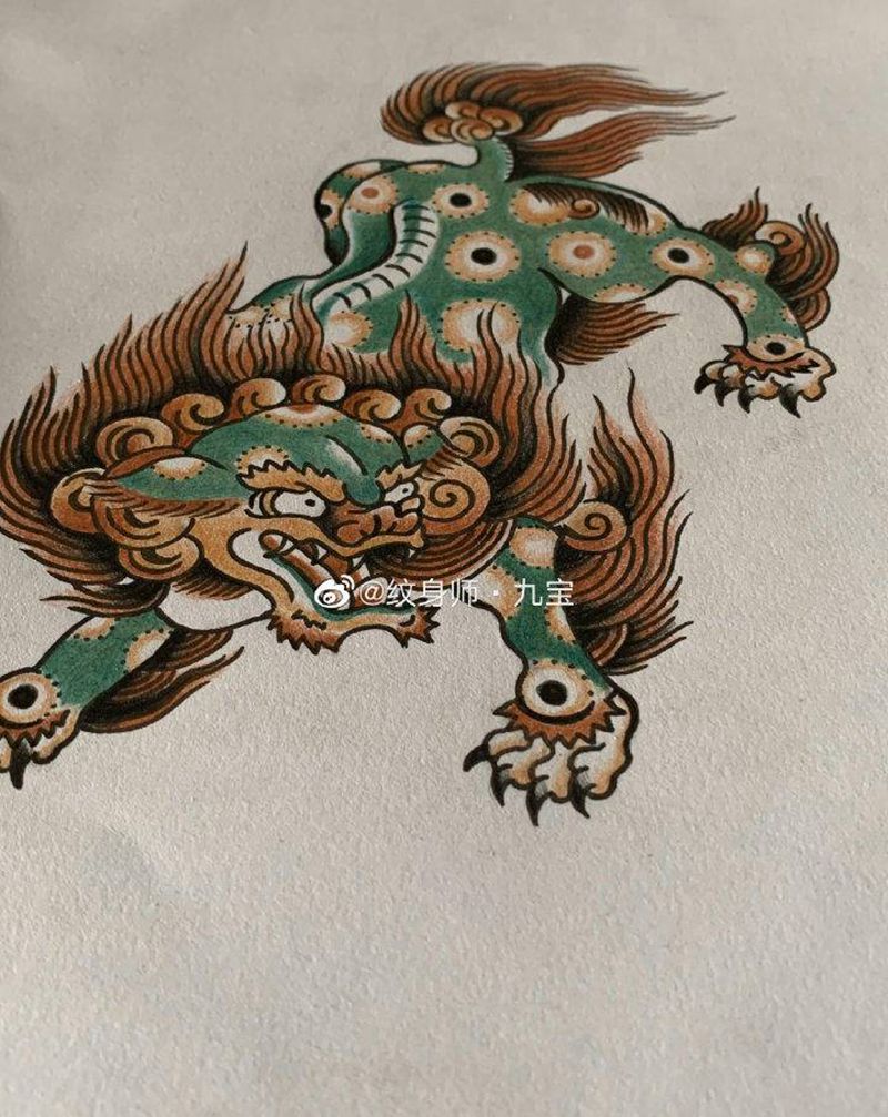 old school风格小唐狮纹身图片_腿部脚部老传统Old School唐狮纹身图案
