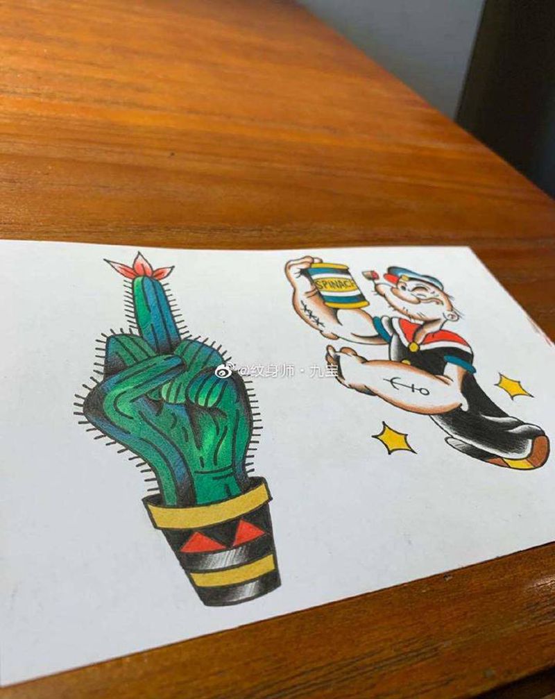 old school纹身图片_腿部手部Old School老传统仙人掌大力水手纹身图案