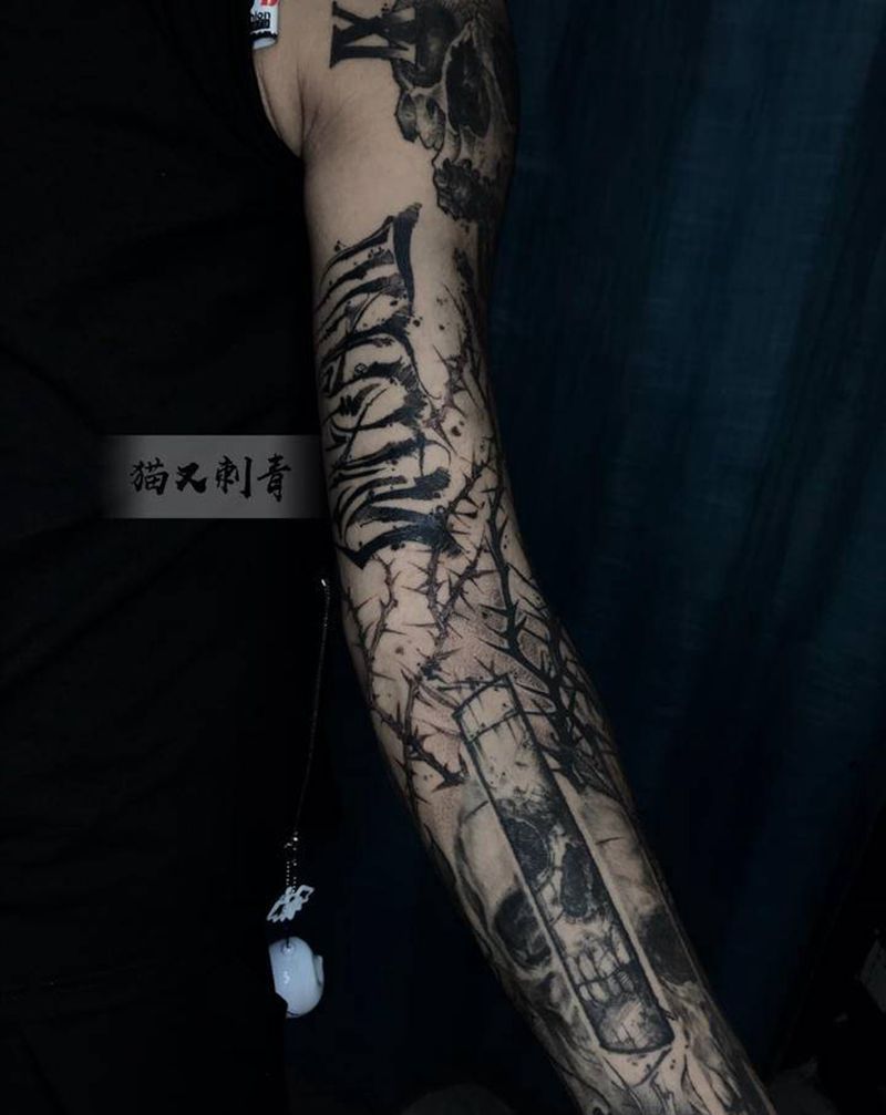 花臂拼接完成～纹身图片_手臂点刺欧美写实纹身图案