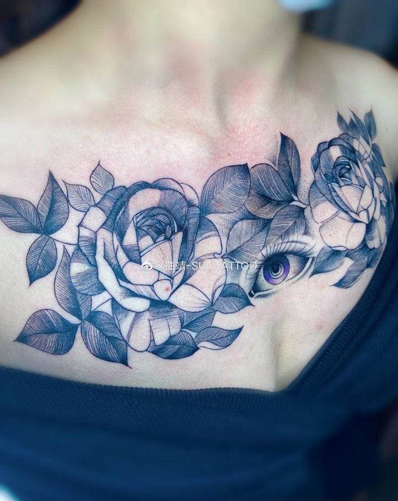 素花纹身图片_胸部纹身图案