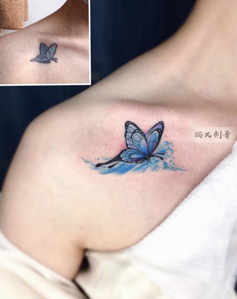 小修改纹身图片_肩部水彩纹身图案