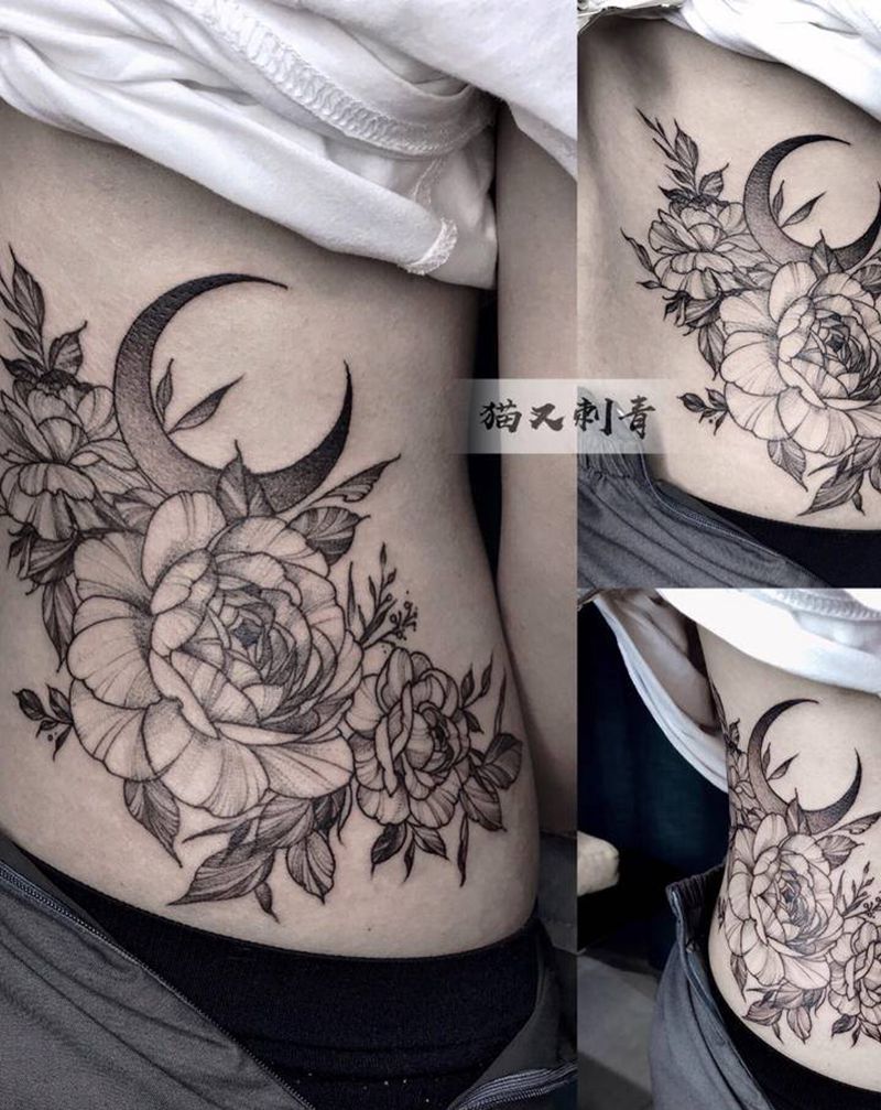 设计图稿，侧腰素花纹身图片_点刺纹身图案