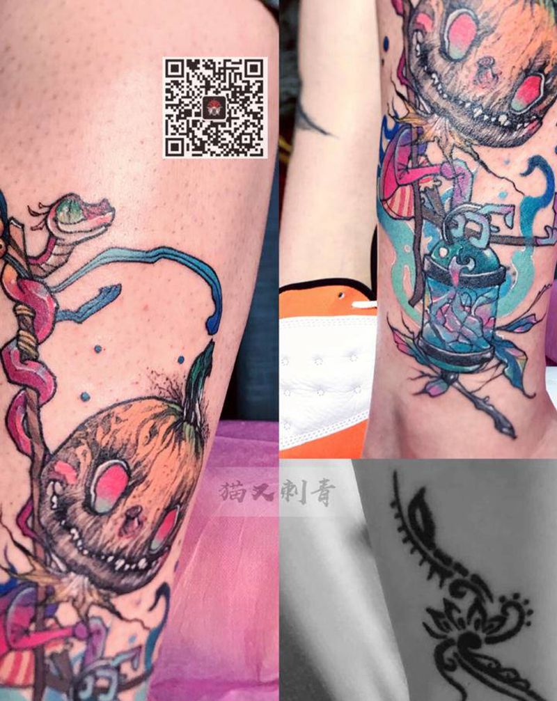 原创图稿，旧图遮盖纹身图片_腿部New School纹身图案