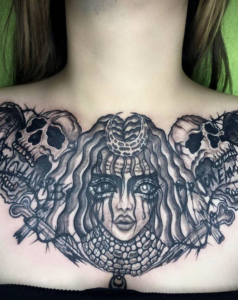女巫纹身图片_胸部欧美写实暗黑纹身图案