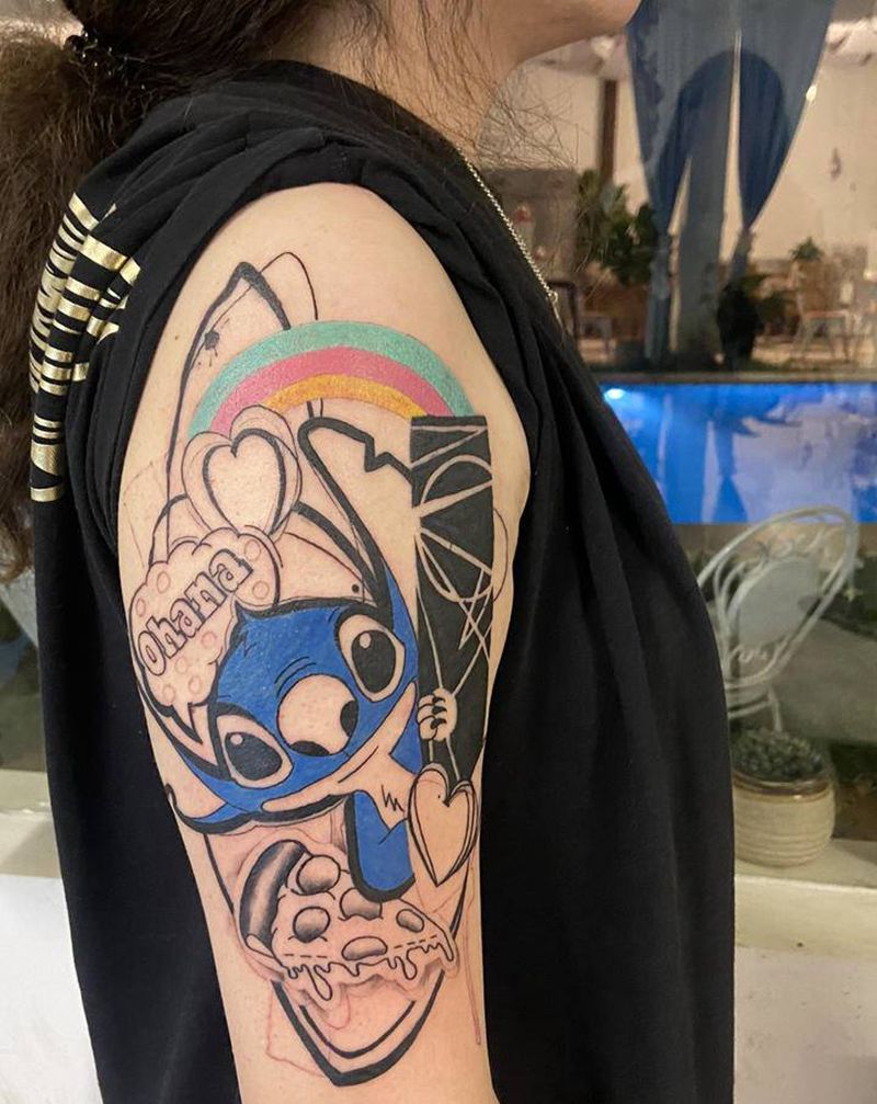 水彩史迪仔未完纹身图片_手臂纹身图案