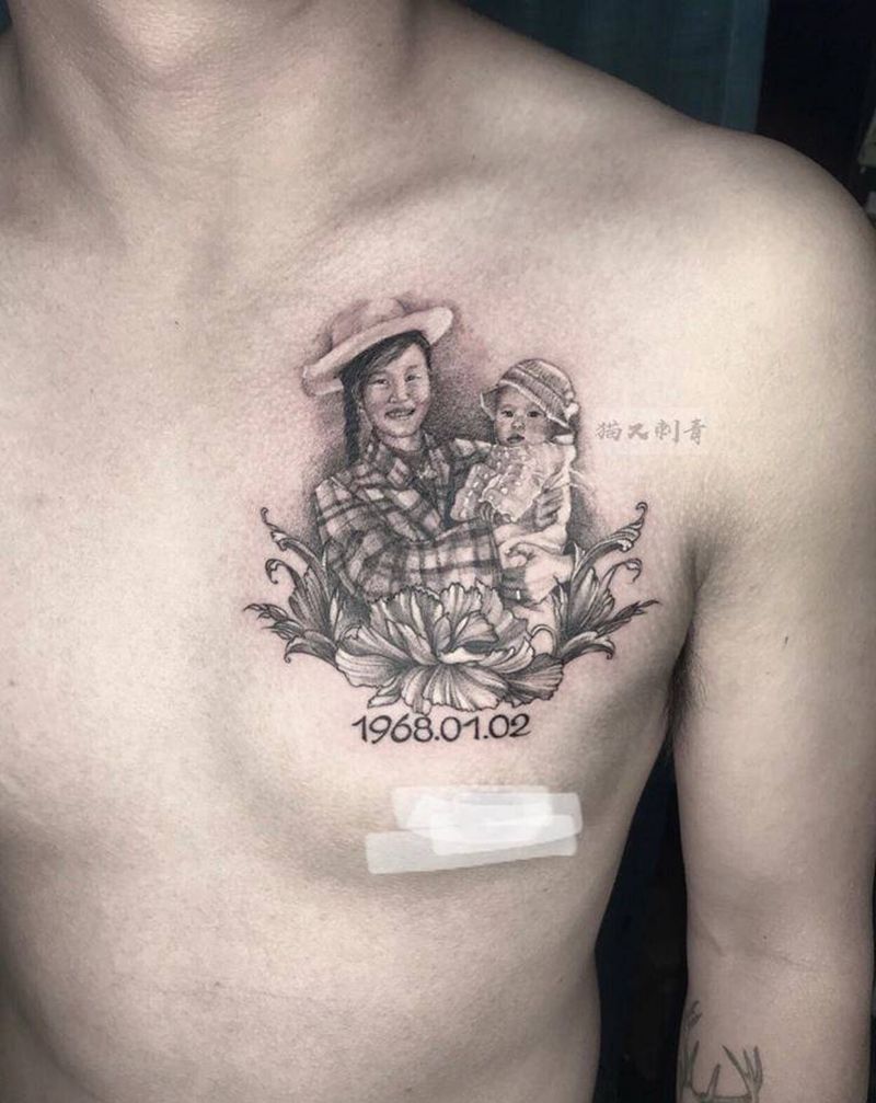 老照片设计图稿纹身图片_胸部欧美写实纹身图案