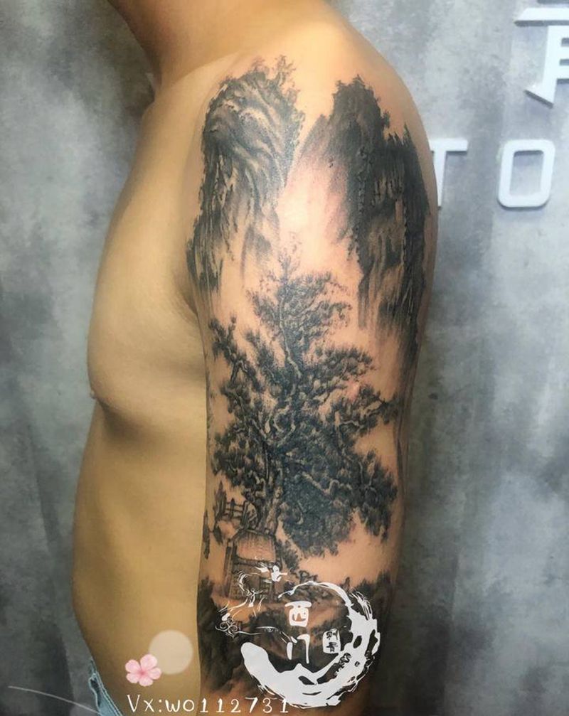 国画风阁纹身图片_手臂水墨纹身图案