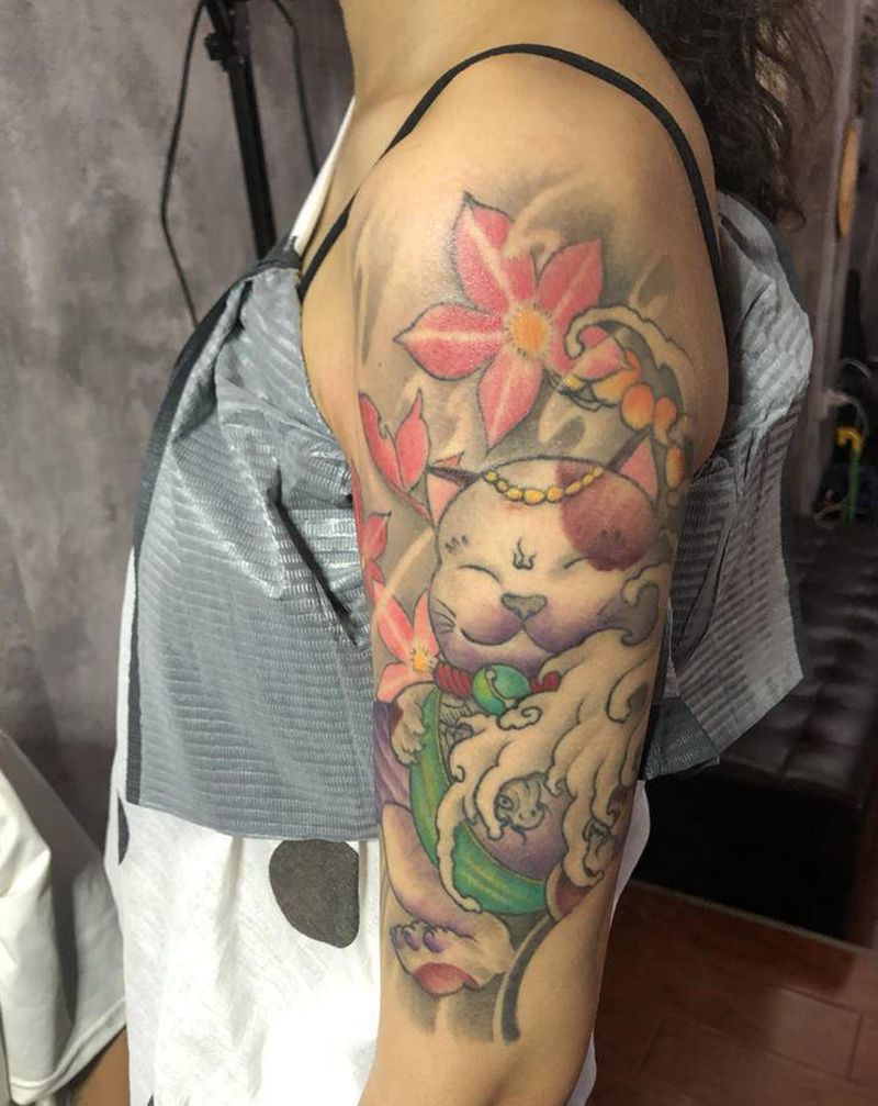 招财猫纹身图片_手臂新传统纹身图案