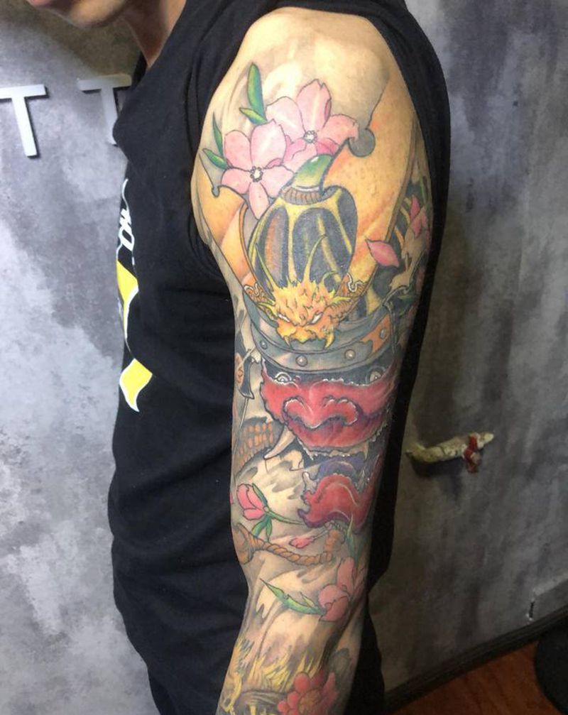 鬼武士彩色花臂修改纹身图片_手臂新传统纹身图案