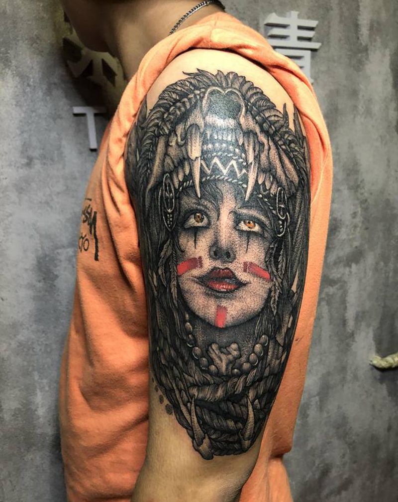 印地安女纹身图片_手臂点刺欧美写实纹身图案