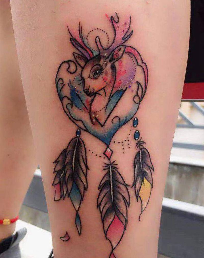 鹿纹身图片_脚部水彩纹身图案