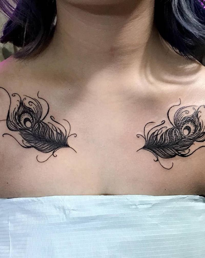 羽毛纹身图片_胸部肩部纹身图案