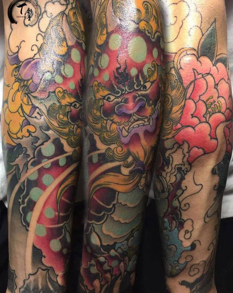 唐狮纹身图片_手臂新传统纹身图案