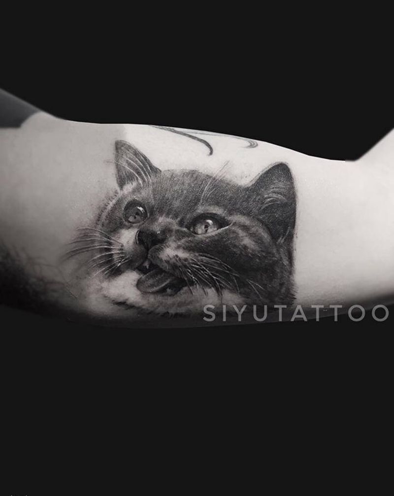 客人的猫纹身图片_手臂欧美写实猫纹身图案