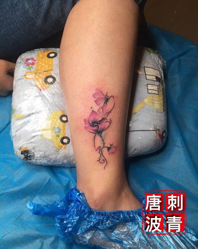 素华纹身图片_腿部水彩纹身图案