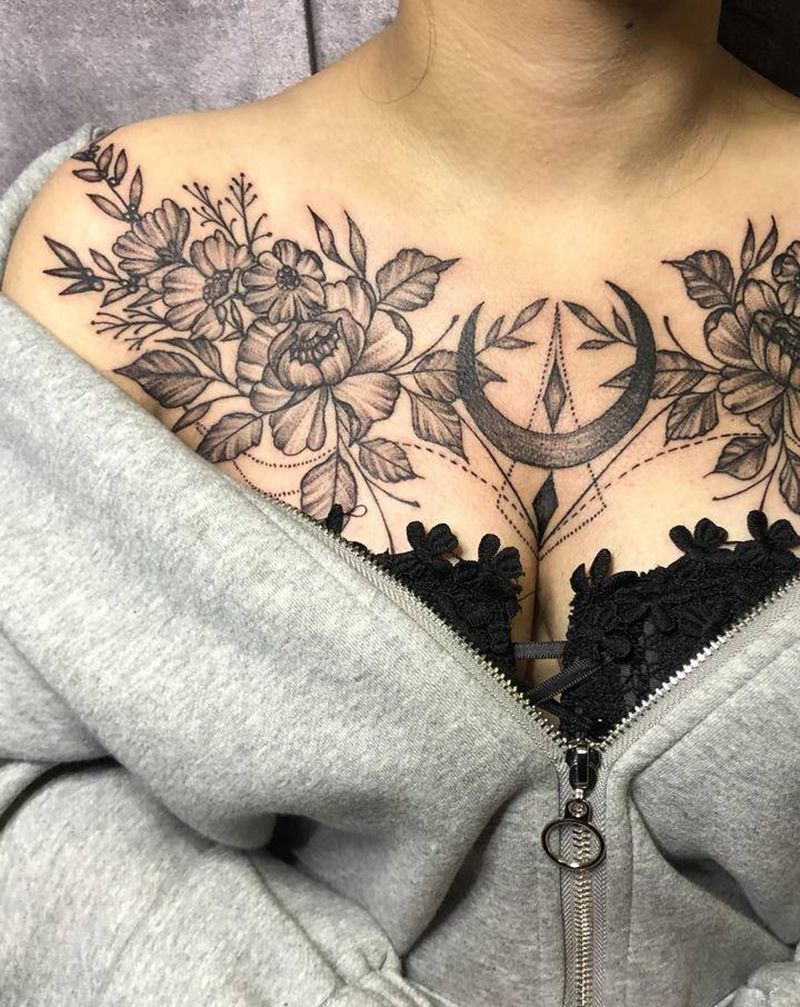 花胸素花纹身图片_胸部纹身图案