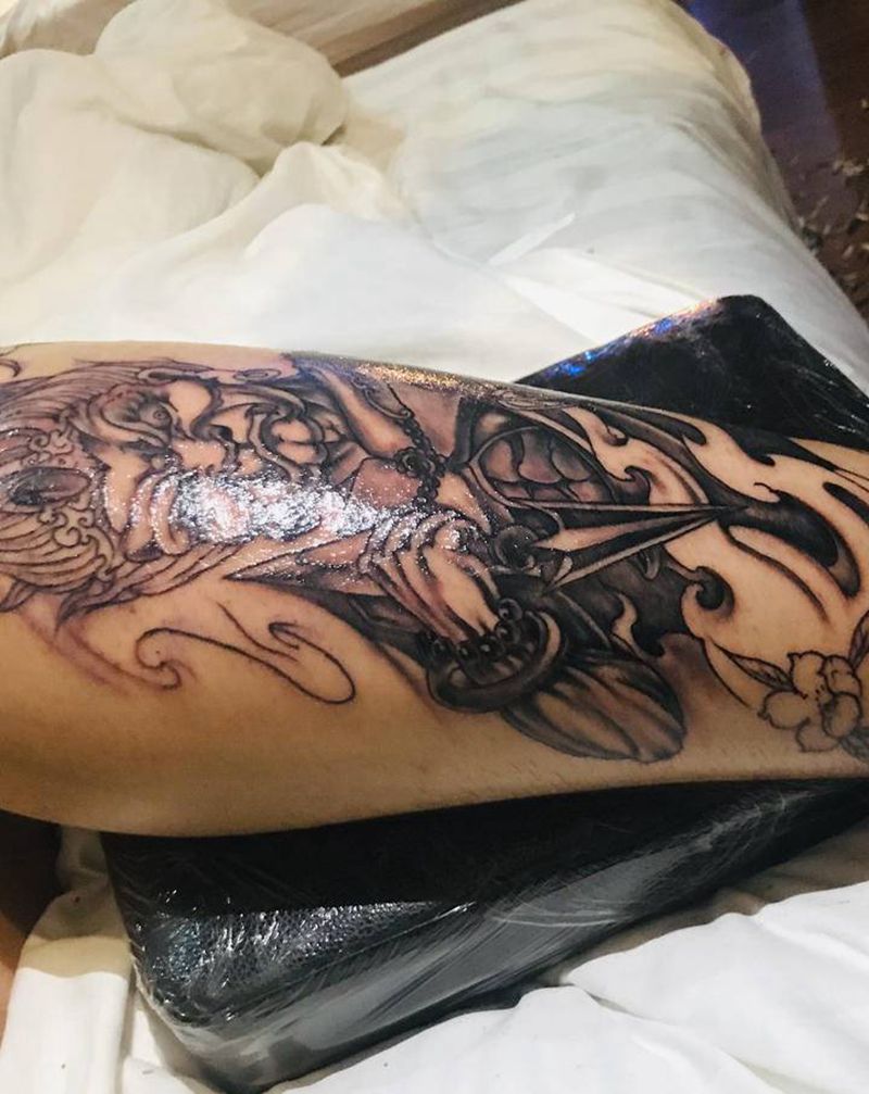 大黑天未完成纹身图片_腿部新传统纹身图案