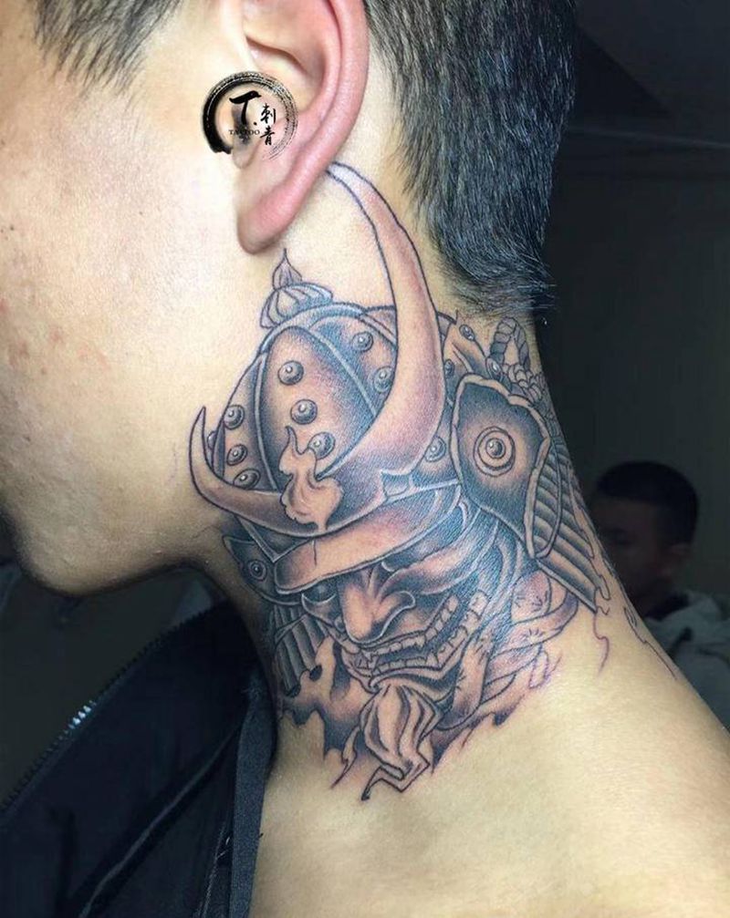 鬼武士纹身图片_颈部新传统纹身图案