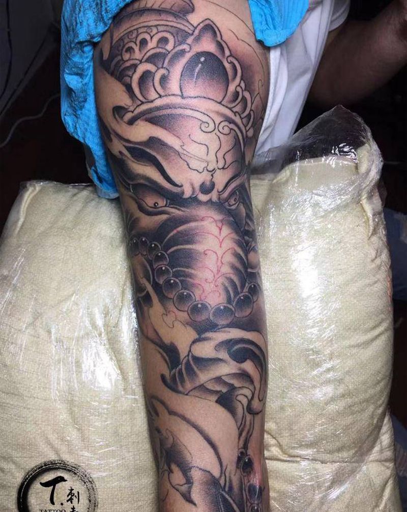象神，般若花臂纹身图片_手臂新传统纹身图案