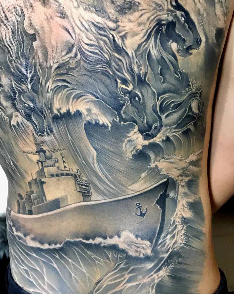 波赛冬纹身图片_背部臀部欧美写实新传统满背海神波赛冬第一次纹身图案