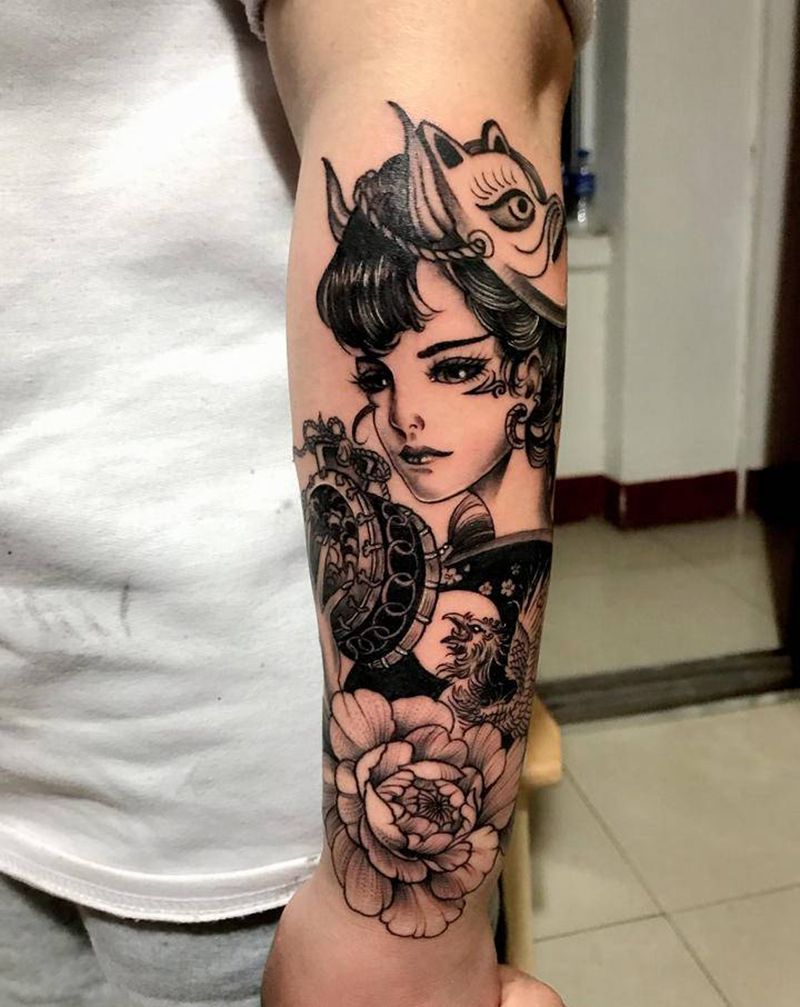 美女,花旦,艺技纹身图片_手臂手部新传统New School美女艺技花旦纹身图案