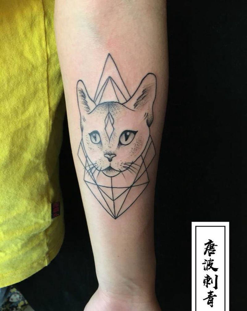 几何猫头纹身图片_手臂点刺个人喜欢纹身图案