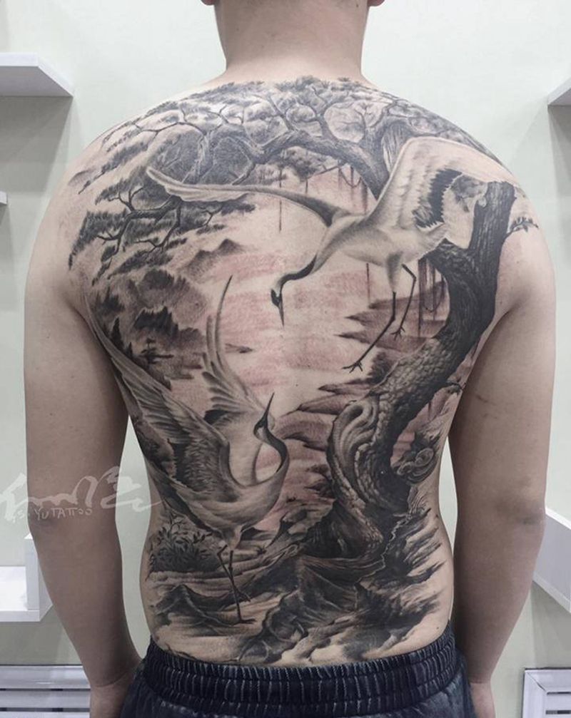 临摹《鹤语》纹身图片_背部纹身图案