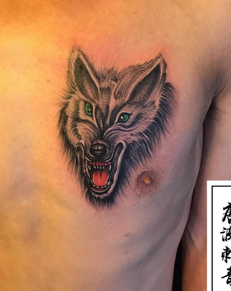 狼头纹身图片_胸部点刺个人喜好纹身图案