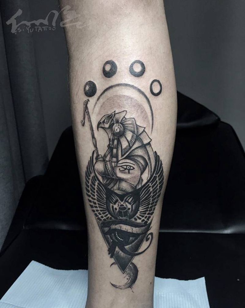 荷鲁斯；阿努比斯纹身图片_腿部点刺欧美写实纹身图案