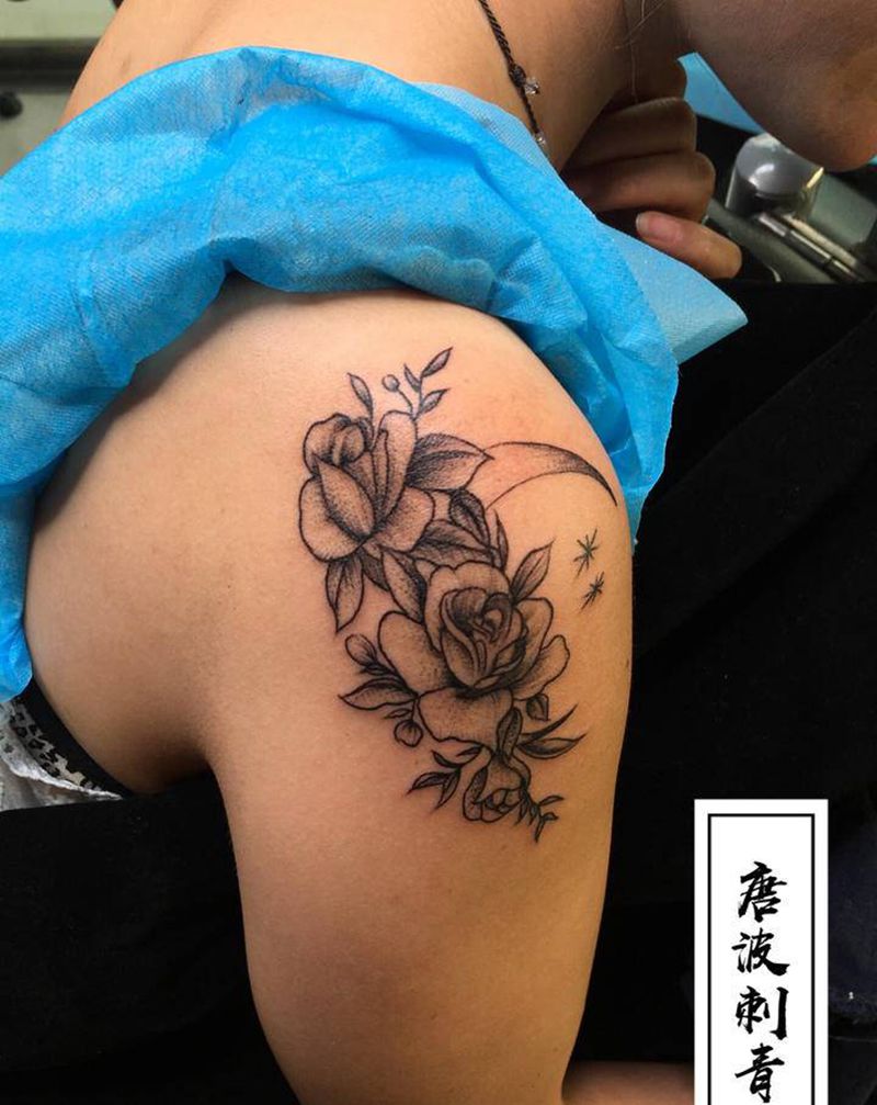 素花纹身图片_肩部点刺遮盖胎记纹身图案